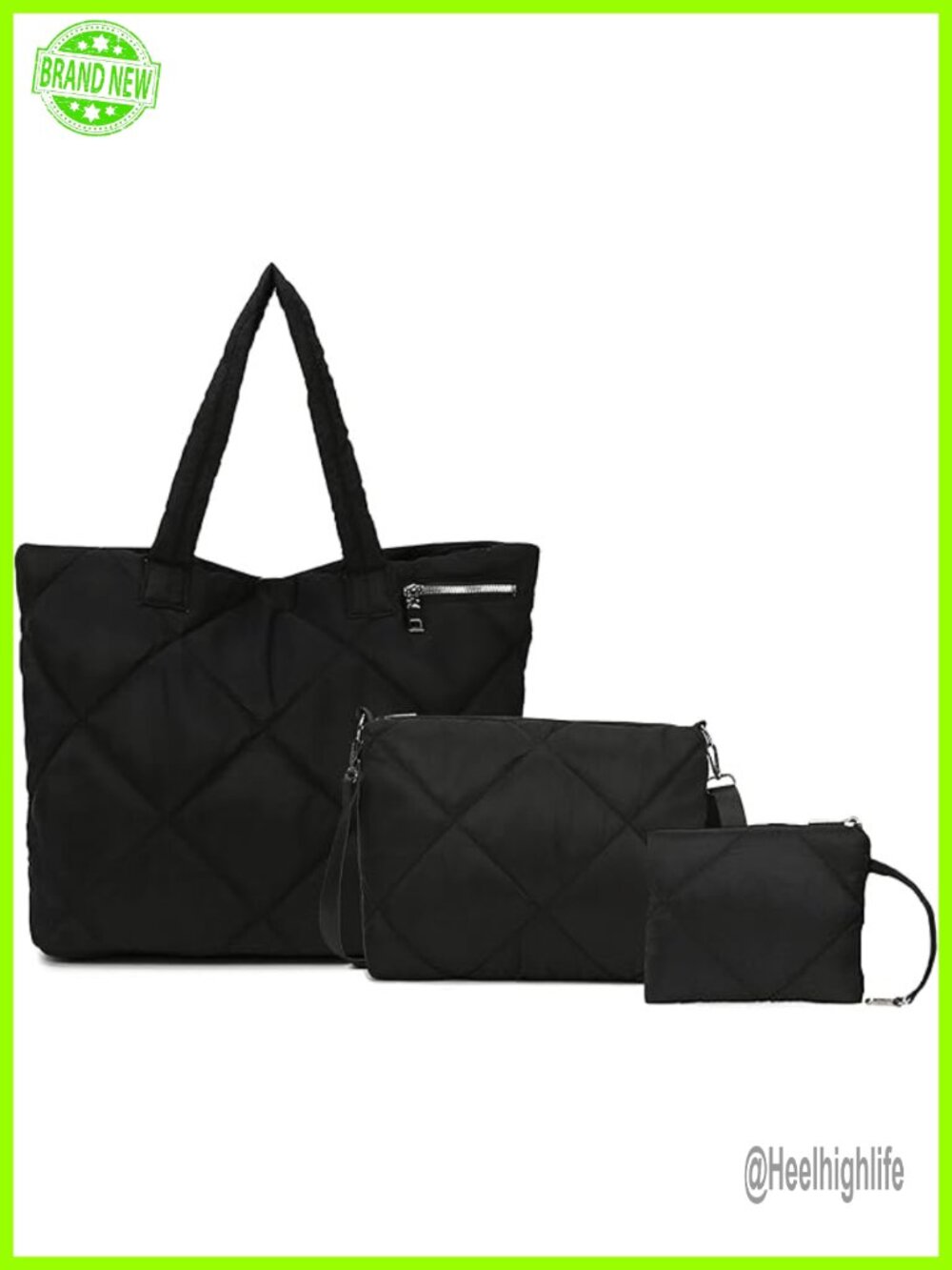 Quilted Tote Bag Set with Crossbody and Pouch, Lightweight Nylon Travel Work